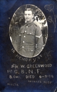 B102 Lance Corporal William Greenwood, 1st Garrison Battalion, Northumberland Fusiliers, died 4th September, 1918, Malta